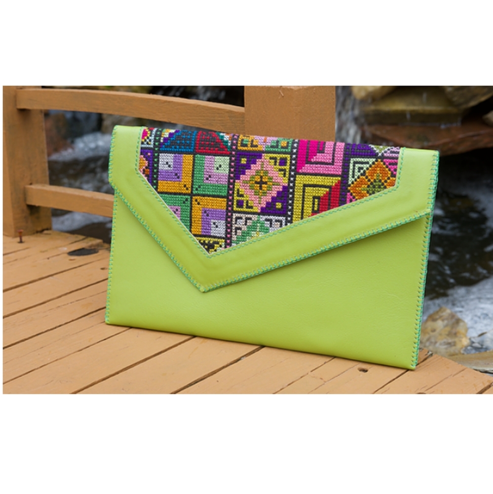 Ethnic Green Leather Clutch